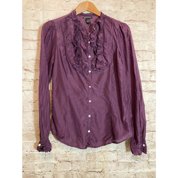 Lucky Brand Top Women Medium Purple Ruffle Button Up Cotton & Silk Dark Romantic - Picture 1 of 11